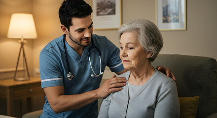 Obraz premium Compassionate Caregiver Comforting Elderly Woman at Home