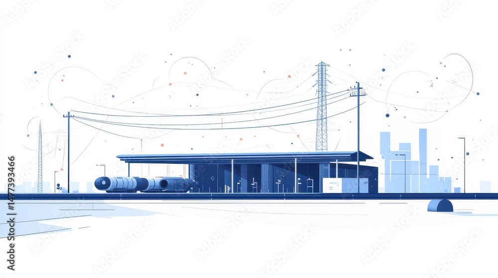 Poster hyperloop terminal model with inter-city network links symbolizing regional mobility innovation