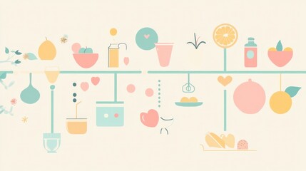 Fototapeta premium Colorful graphic design of various food and drink items.