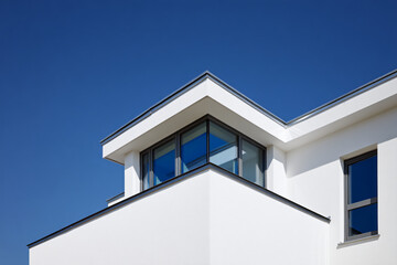 modern house exterior featuring stylish roof window against blue sky, residential architecture detail
