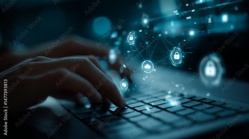 Poster hands typing on laptop keyboard, digital security icons hover above, symbolizing online data protect