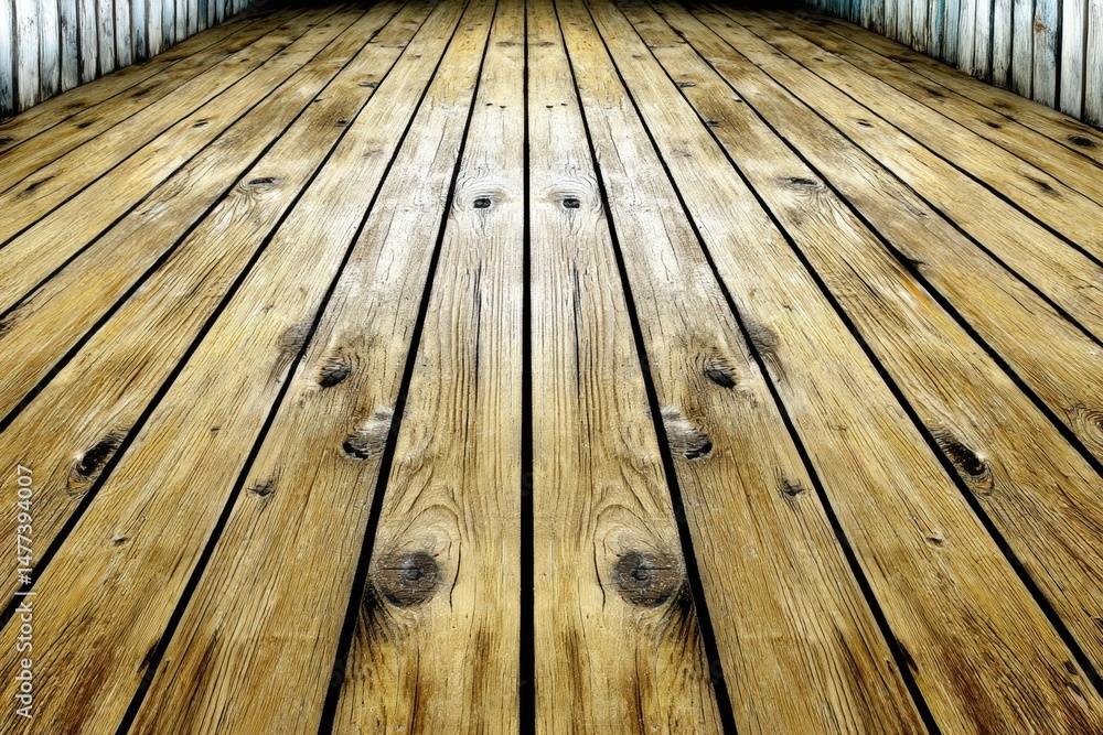 Poster a close-up view of a wooden floor with visible grain patterns and knots in a rustic setting.