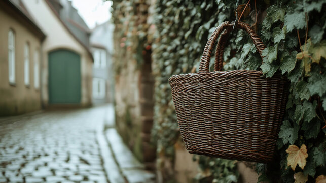 A wicker basket hanging on an ivy-covered wall in the rain, with a cobblestone alley and a blurred green door in the background. - Powered by Adobe