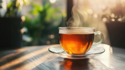 A cup of tea on a wooden table by a window, with steam rising.