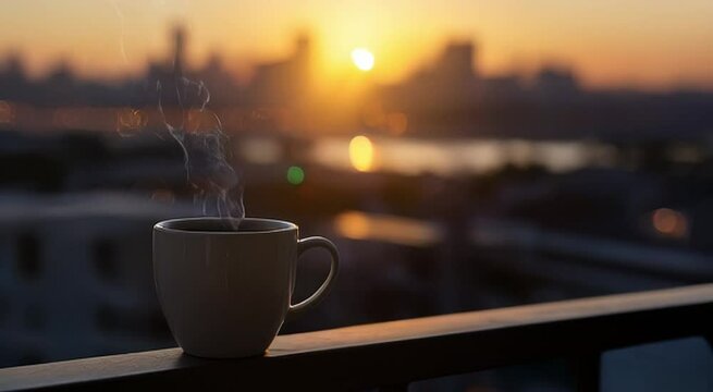 Enjoying Hot Drink Watching Sunrise Over City Skyline Relaxing Morning