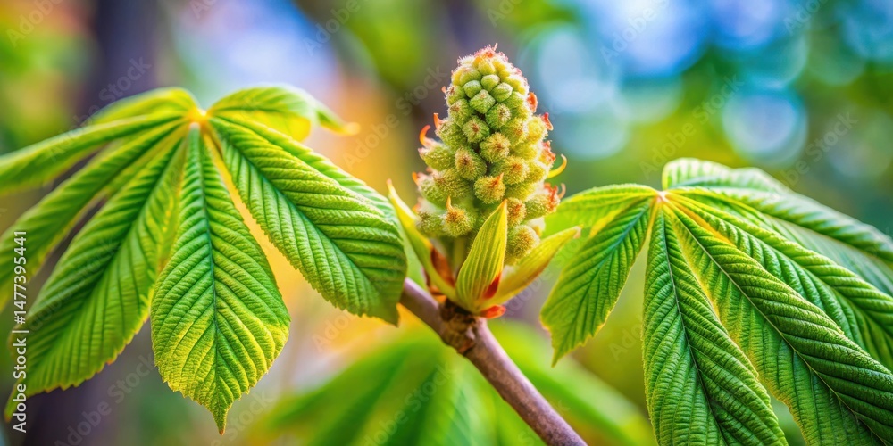 Poster vibrant springtime branch with emerging buds and lush green foliage displaying intricate leaf veins 
