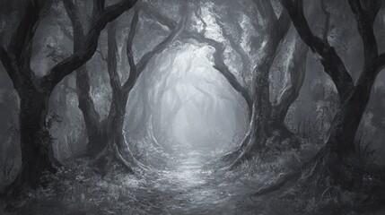A narrow path leads through a misty forest, with thick trees creating a dark and mysterious atmosphere.