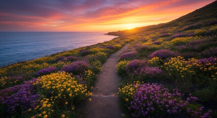 Fototapeta premium Coastal Path at Sunset with Yellow and Purple Flowers