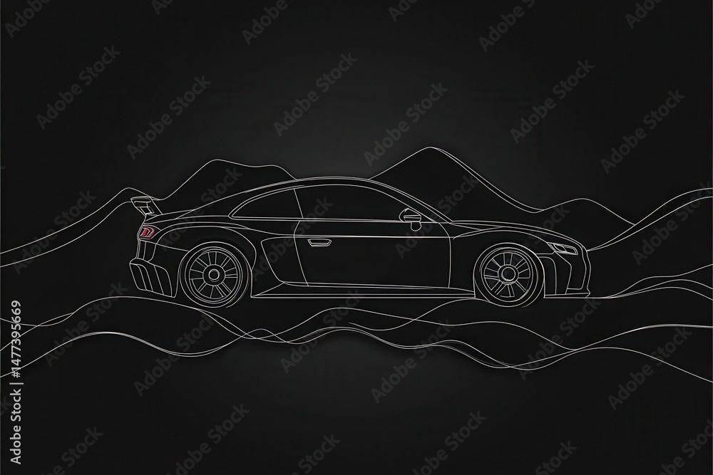 Poster a 3d contour line art rendering of a car in black and white. intricate lines depict the vehicle's sh