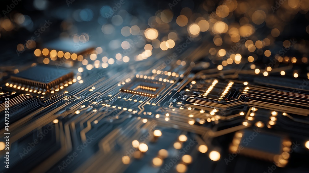 Aufkleber Printed circuit board, abstract technological background made of different element printed circuit board, depth of field effect and bokeh can be used as digital dynamic wallpaper