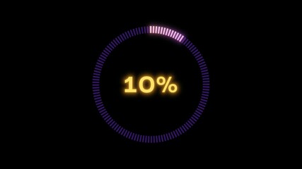 Infographics percentages up to 10, neon Infographics percentages 10%, loading cycle glow, Loading percent 0% to 10%, Colour circular infographics, loading cycle, 10 percent, smooth loading percent