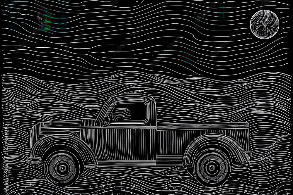 Poster a 3d visualization of a car composed of intricate contour lines. the design showcases detailed curve