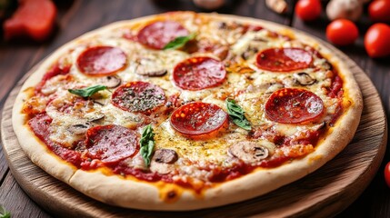 A small pizza with cheese and herbs on a white background.