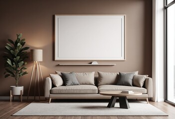 Minimalist mockup with a blank framed poster on brown wall and modern furniture in neutral tones