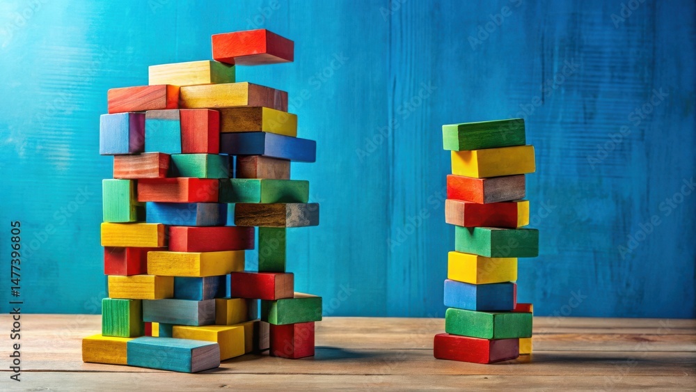 Aufkleber colorful wooden blocks create two distinct structures on a wooden surface against a blue background