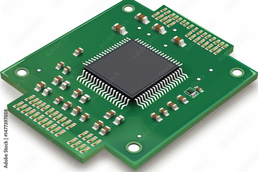 Poster a close-up illustration of a microchip mounted on a green printed circuit board with multiple electr
