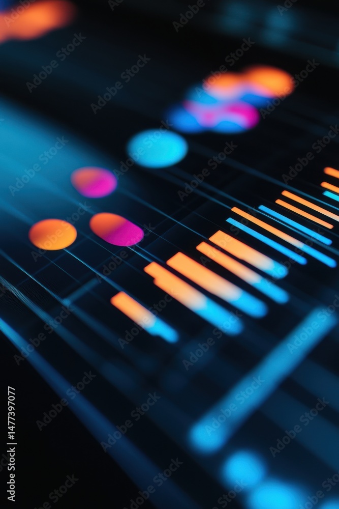 Aufkleber abstract close-up of glowing data visualization on screen with bars and circles in blue orange and p