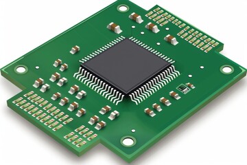 A close-up illustration of a microchip mounted on a green printed circuit board with multiple electronic components.