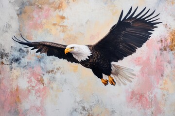 A painting of a bald eagle in flight against a textured background.