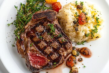 Grass-fed ribeye steak product shot on bright white background nicely lit