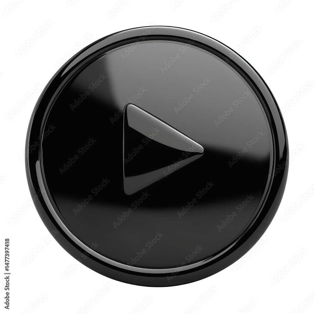 Poster sleek black play button icon with glossy finish, symbolizing media playback or start. button is circ