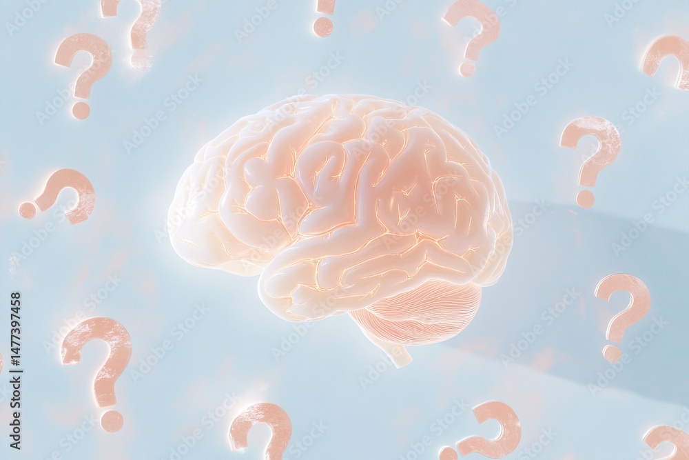 Poster exploring ai ethics and human brain concept with question marks for thoughtful design