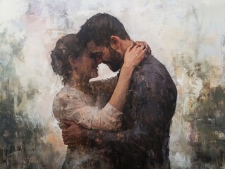 A painting of a couple embracing each other with love, captured in a moment of intimacy.