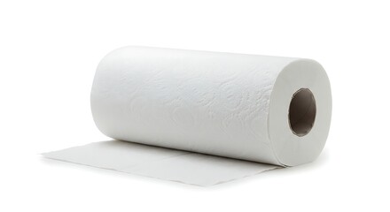 Fototapeta premium Roll of white paper towels isolated on white background for household cleaning and absorbent spill control for hygiene and sanitation purposes