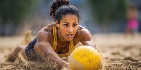 An athlete diving for a yellow volleyball in a dynamic beach game, capturing intensity and passion