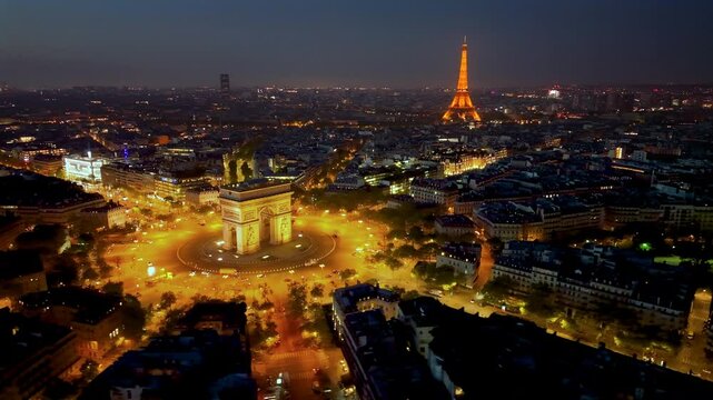 Aerial View of Arc de Triomphe Monument at Beautiful Sunset Time. 4k. France