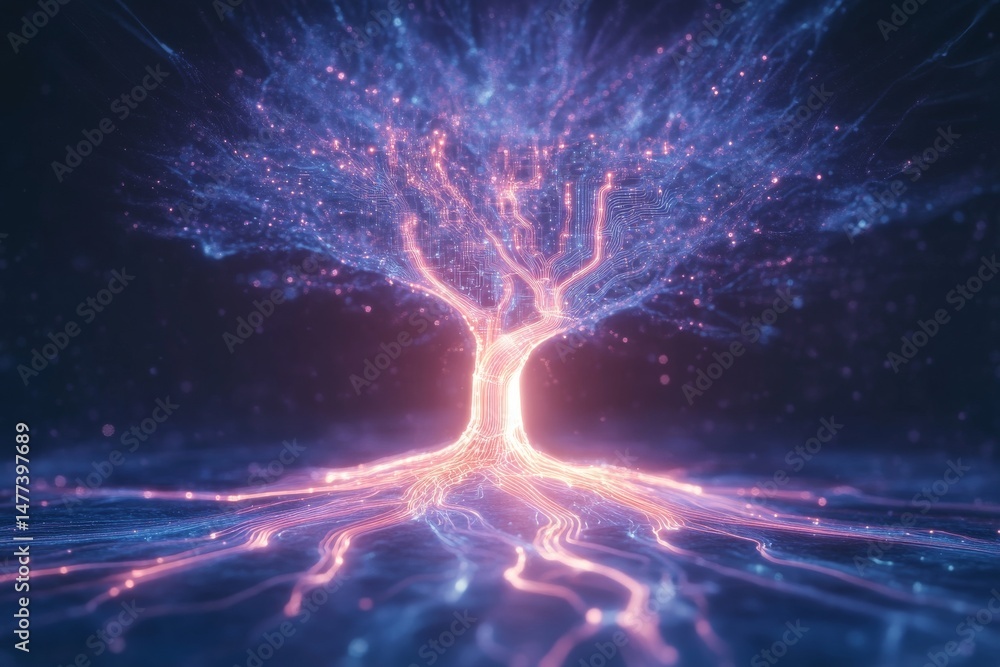 Poster conceptual representation of ai ethics with futuristic glowing digital tree
