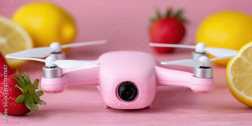 Poster a pink drone positioned between fresh strawberries and lemons creating a vibrant composition that en