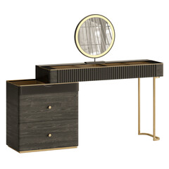 A black dresser with a mirror on top