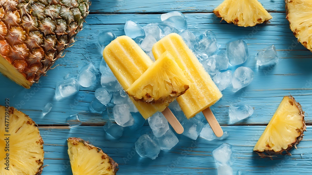 Poster pineapple slices, popsicle sticks, and ice displayed on a blue wooden table with empty space, creati