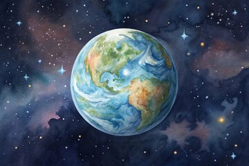 Obraz premium Watercolor painting of planet Earth floating in deep space A watercolor depiction of Earth surrounded by stars in a cosmic backdrop.