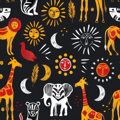 Obraz premium seamless pattern of stylized African tribal animal icons, giraffe, lion, zebra, elephant, with sun and moon symbols