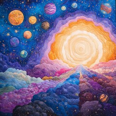 A patchwork quilt of a celestial landscape with a large sun and multiple planets in a blue starry sky, featuring mountains that seem to rise into the heavens.