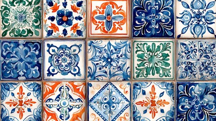 Pattern of azulejos tiles, watercolor illustration style