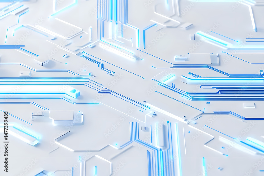 Poster abstract blue circuit board layout with glowing lines and nodes, isolated on white background. conce