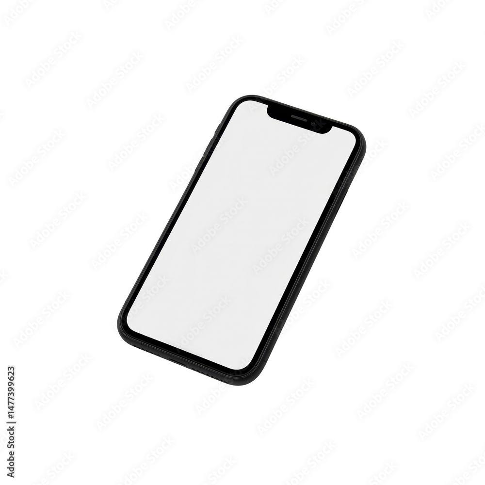 Poster black smartphone with blank white screen is displayed at angle, isolated on transparency background.