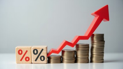 Interest rates rising upward trend in financial growth shown with coins and percentage blocks