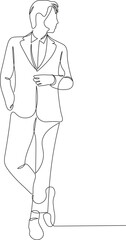 Business man standing in cool style sketch in one continuous line. Drawing style. Cool male model in minimalist black lines isolated on white background. Vector illustration