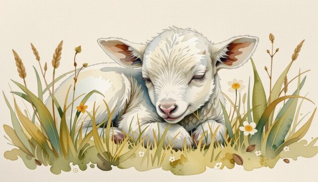 a soft watercolor sketch of a sleeping baby lamb in spring grass, using a light and breezy watercolor style, with soft cream and light olive tones, on textured paper, delicate lines, fuzzy edges