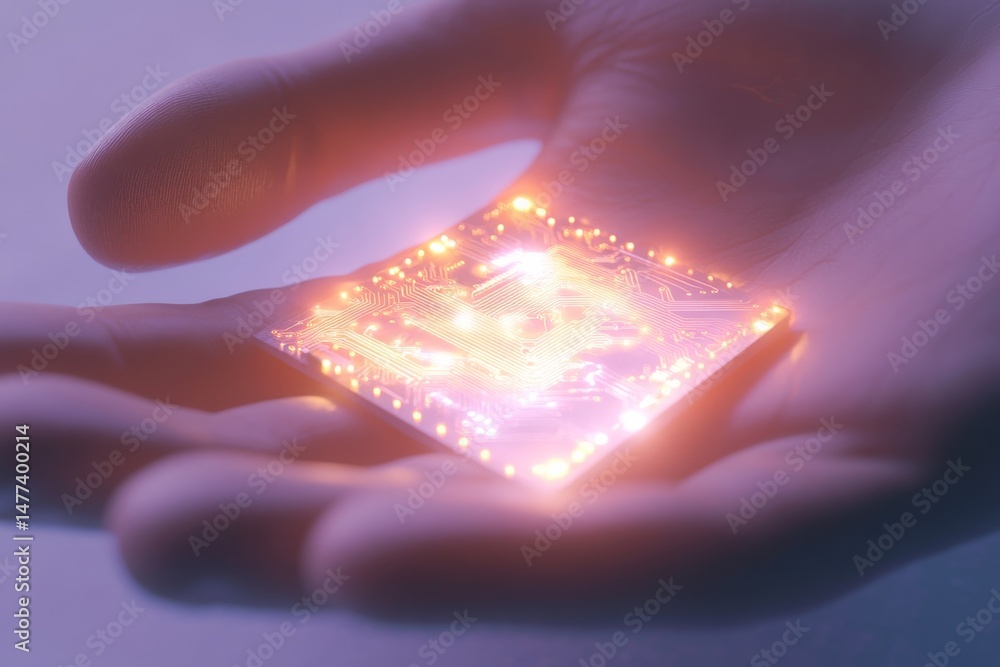 Poster exploring ai ethics: illuminated technology concept in human hand for thoughtful design