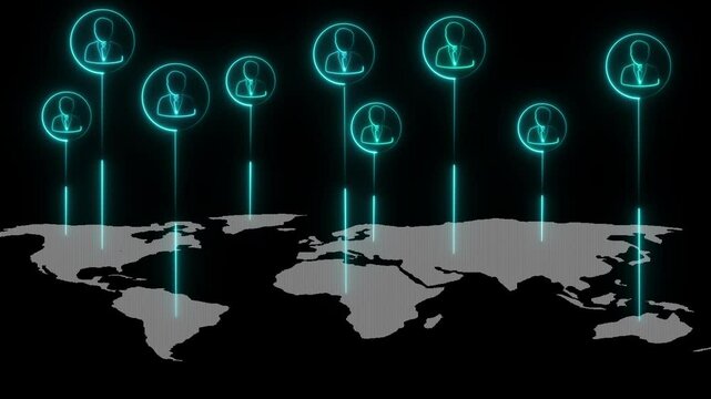 World map travel route man animation on dark background, world map showing the man of countries Global Business Network