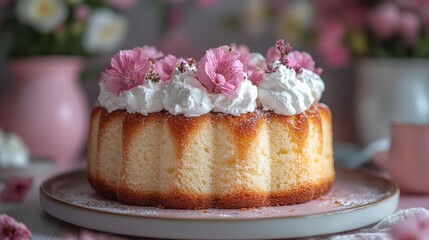 Domed Cake with Whipped Cream and Pink Flowers on Plate