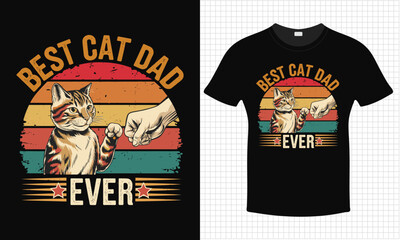 Best Cat Dad Ever T-Shirt Design with Fist Bump and Retro Sunset | Funny Retro Cat Father's Day Shirt | Print | Tabby Cat and Hand Fist Bump T-Shirt Art | Pet Lover 