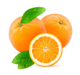 Two orange fruit and one cut in half with leaf