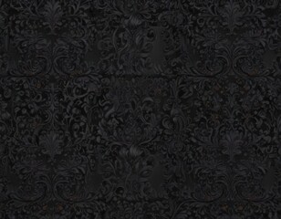 Seamless black gothic damask; swirling floral vines & intricate patterns , damask, wallcovering, motif