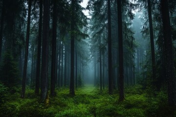 A path through a dense, misty forest, with tall trees and lush green undergrowth.